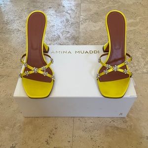 New Amina Muaddi Lily Crystal Slipper in Yellow Satin